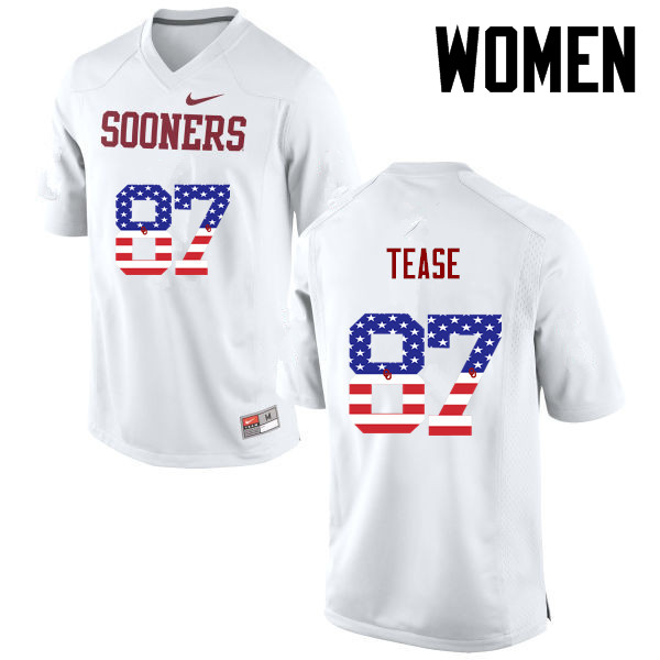 Women Oklahoma Sooners #87 Myles Tease College Football USA Flag Fashion Jerseys-White - Click Image to Close